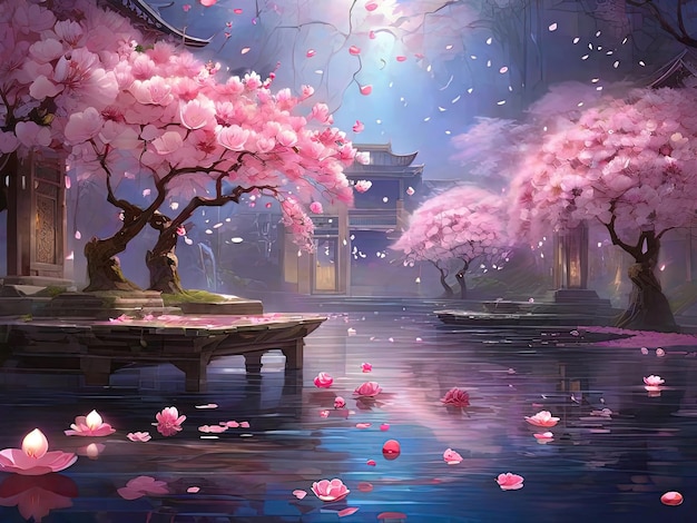 Cherry blossoms and pagoda in spring digital painting