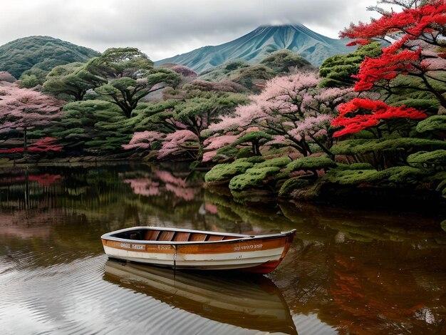 Фото Парк вишневых цветов с лодкой на озере с горами с облачным небом