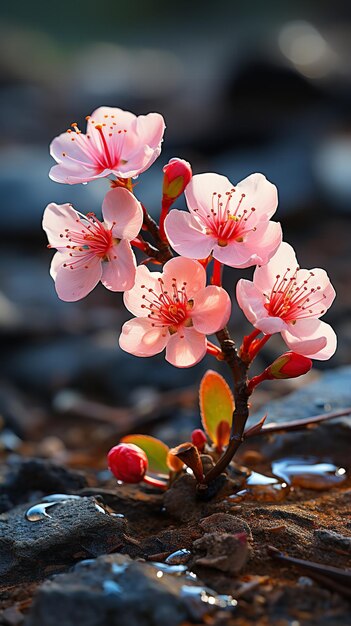 Photo cherry blossoms in pastel pink bloom growing from rocks in the springtime air generative ai