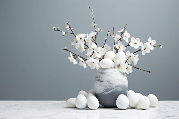 Cherry blossoms and pristine white easter eggs gathered in a rustic vase on a marble surface