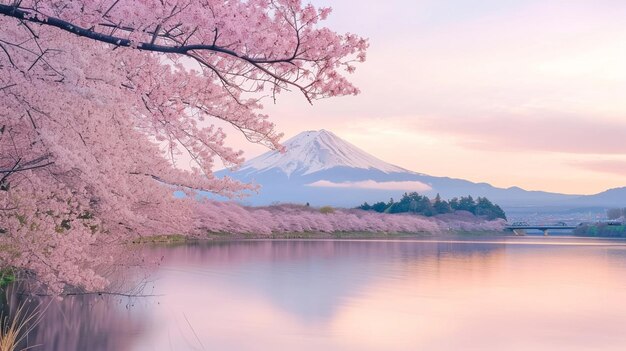 Cherry blossoms or Sakura and Mountain Fuji at the river in the morning Generative Ai