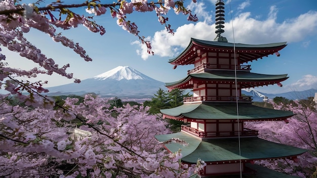 Cherry blossoms in spring chureito pagoda and fuji mountain in japan