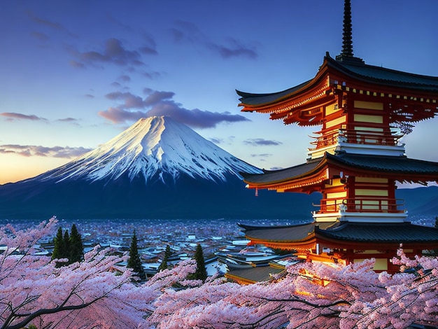 Cherry blossoms in spring chureito pagoda and fuji mountain at sunset in japan