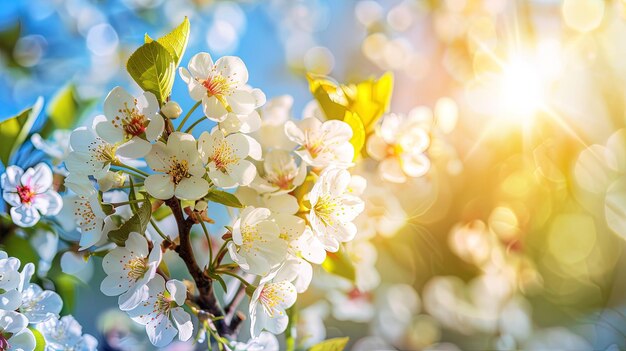 Foto fiori di ciliegio in primavera con i raggi del sole e il bokeh