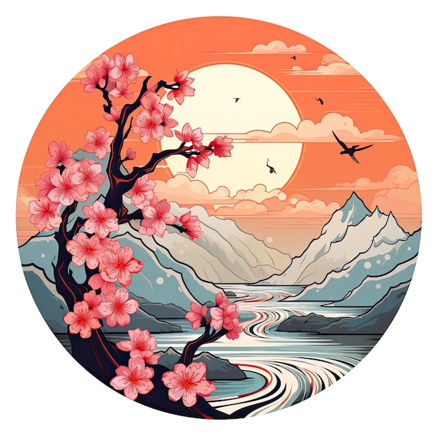 Цветущая вишня на фоне заката в японском стиле татуировки