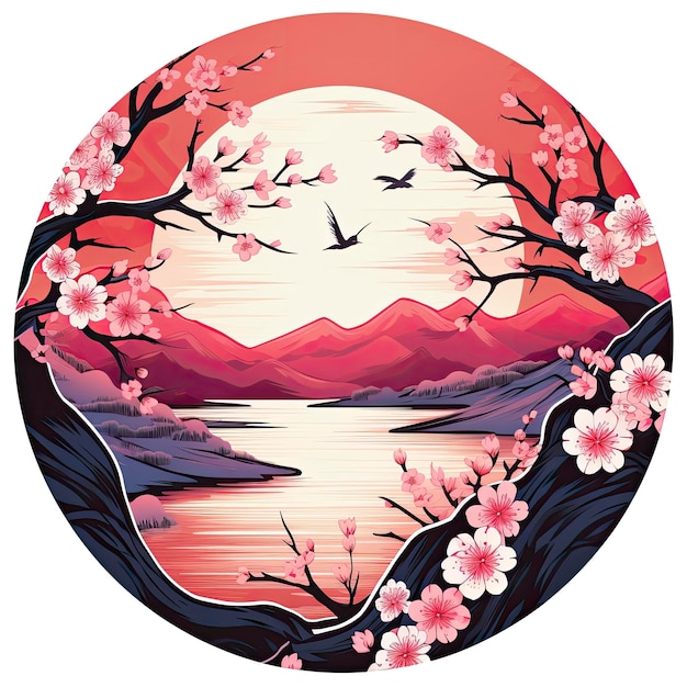 Photo cherry blossoms in the sunset background japanese tattoo style