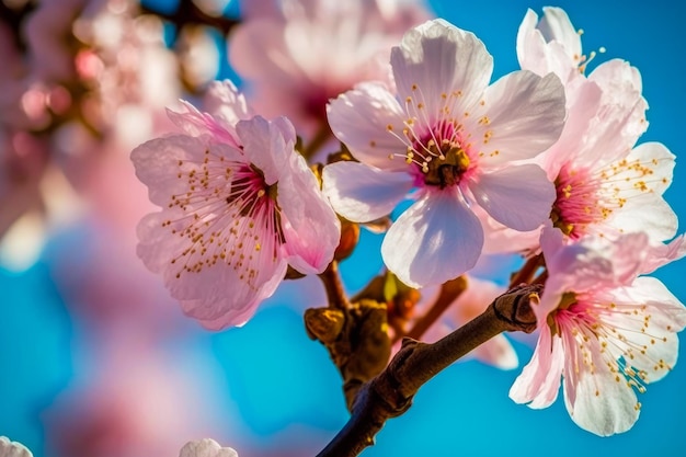 Cherry blossoms on tree against blue sky Generative AI