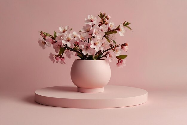 Cherry blossoms in vase on pink background Minimal style