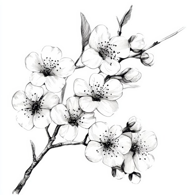 Photo cherry blossoms on white background black and white illustration