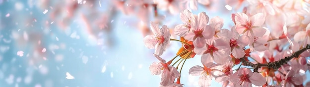 Cherry blossoms with blue sky background banner with empty copy space