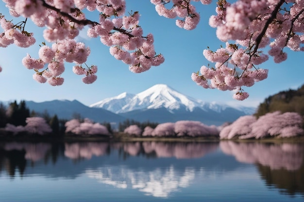 Cherry blossoms with mountain as background