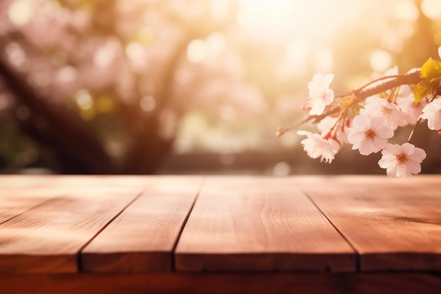 Cherry blossoms on a wooden table with a blurred background