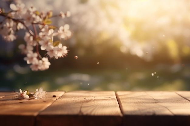 Cherry blossoms on a wooden table with a blurred background