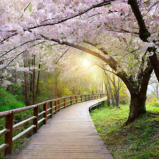 cherry blossoms and a wooden walkway in a wooded area