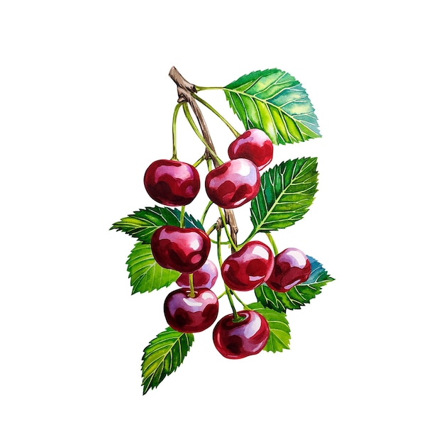 Cherry branch fresh natural health product. Watercolor illustration.