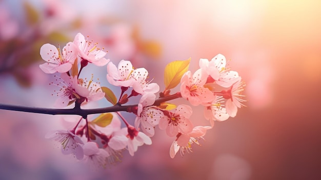 분홍색 흐릿한 배경에 있는 체리 가지 봄 개념 카드