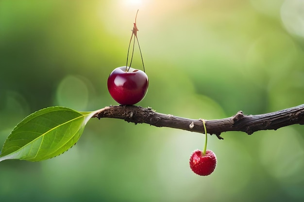 A cherry on a branch with the sun behind it