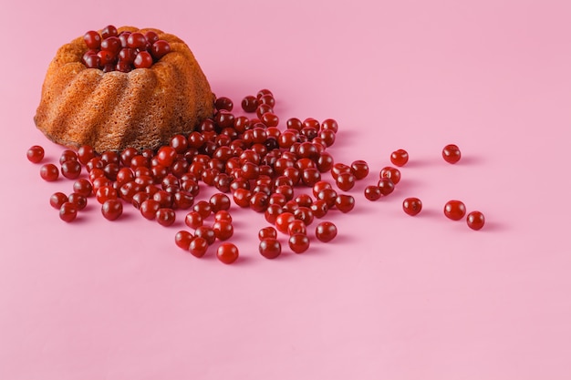 Cherry cake and cherrie berry on pink surface