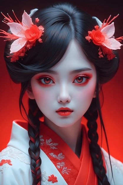 Cherry Chromatics Futuristische Aziatische vrouw in rode Hanfu pracht