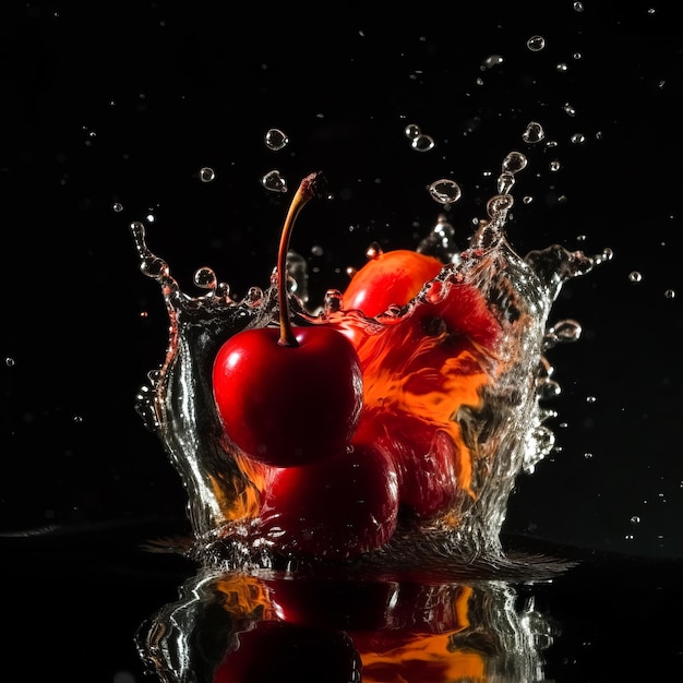 Cherry in the clash of water and fire on black background