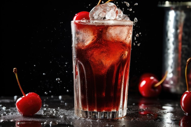 Cherry cola fizzing over the edge of a glass