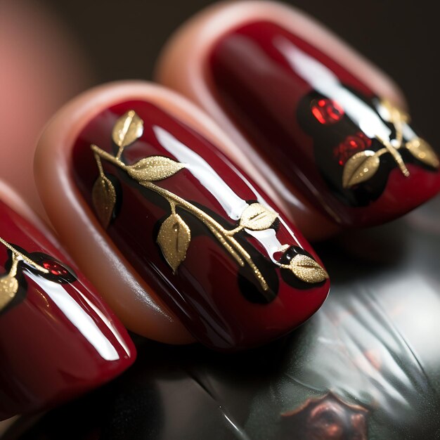 Glossy Dark Red Press Nails Golden Glitter Design Medium - Temu