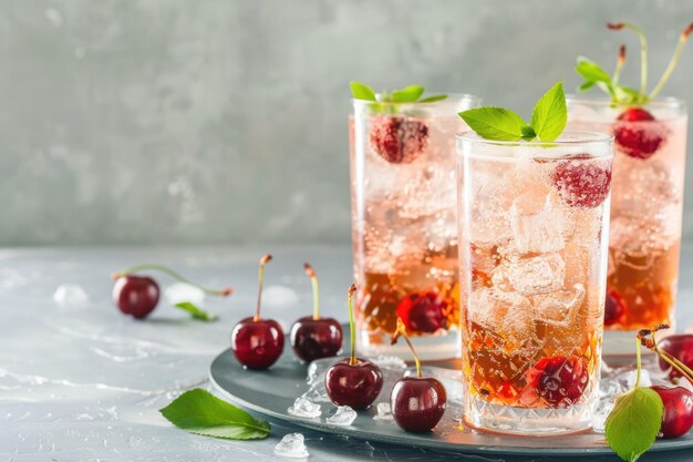 Photo cherry flavored cold drink with ice in a glass