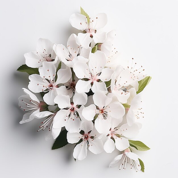 写真 桜の花と緑の葉は 単純な白い背景に隔離されています
