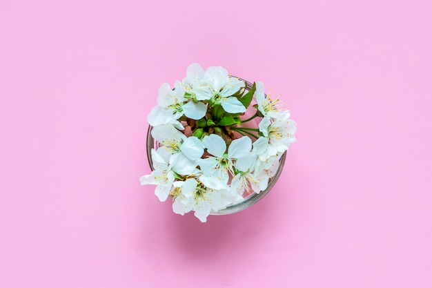 Cherry flowers in the glass bowl.