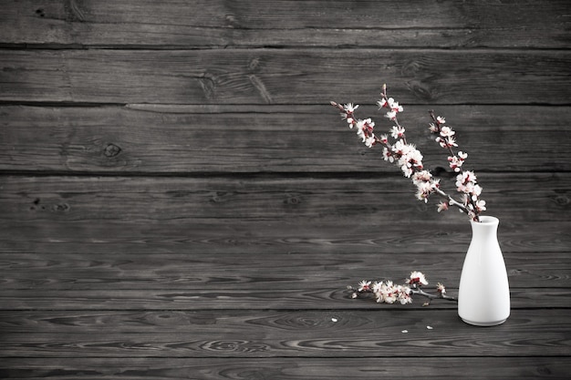 Fiori di ciliegio in vaso su fondo di legno scuro