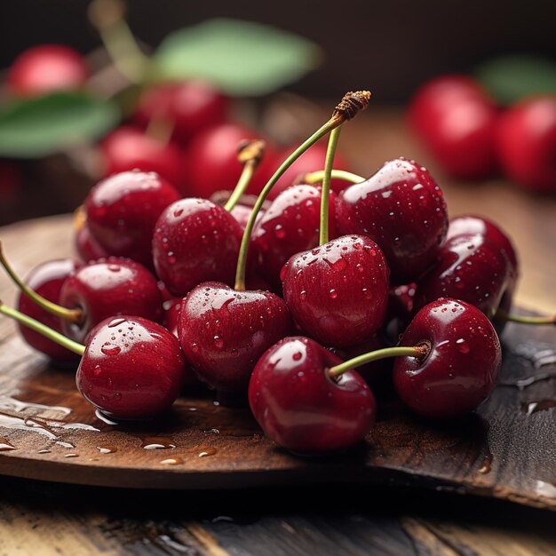 cherry fruits closeup on a wooden table Berries closeup