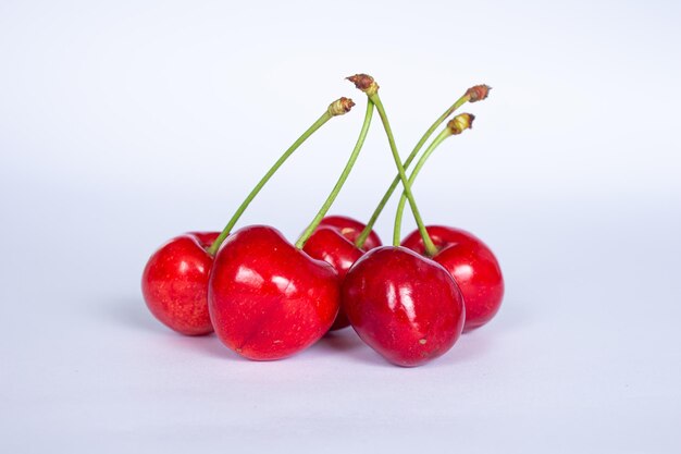 Cherry fruits isolated on white background. Closeup photo of cherries.