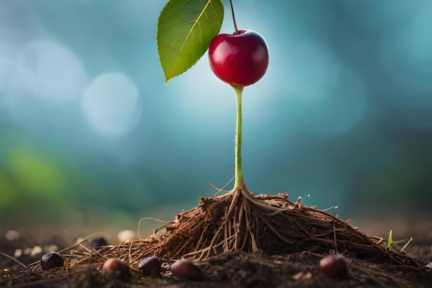 Photo a cherry growing on a tree with a green background