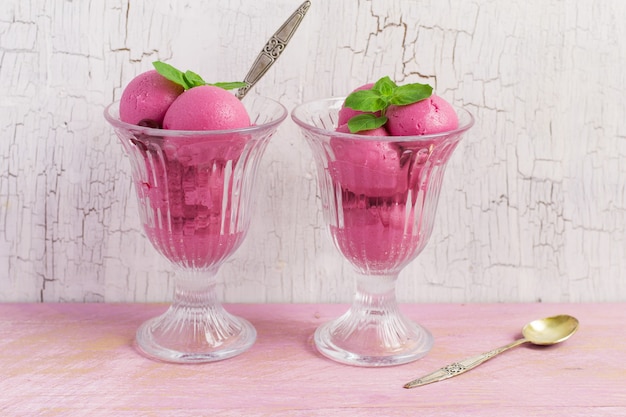 Cherry ice cream in a glass with mint leaves