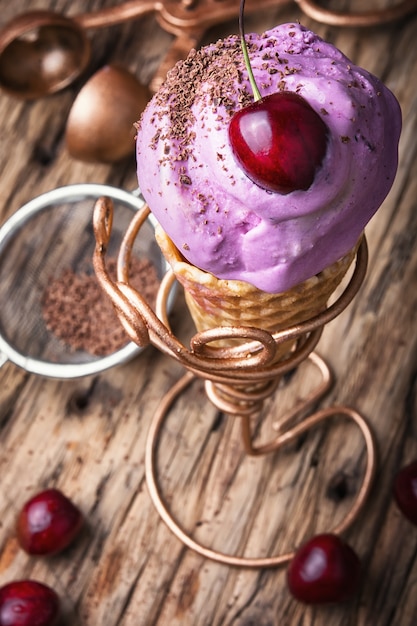 Cherry ice cream in waffle