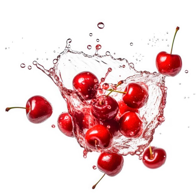 Cherry into of burst splashes of juices on white Vector illustration