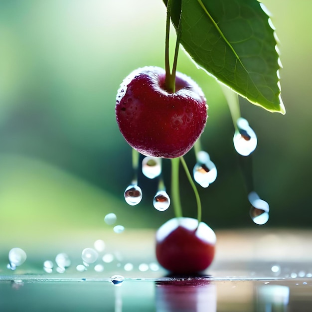 A cherry is hanging from a branch with water drops.