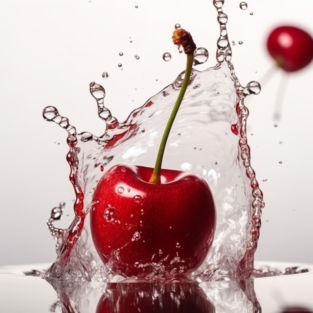 A cherry is splashing in a water splash and it is about to be dropped.