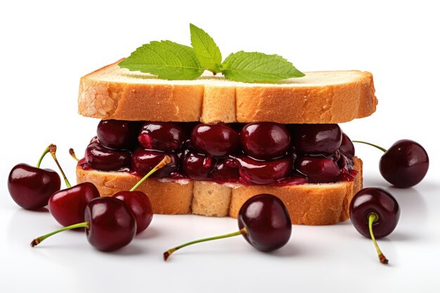 Cherry jam sandwich on white background