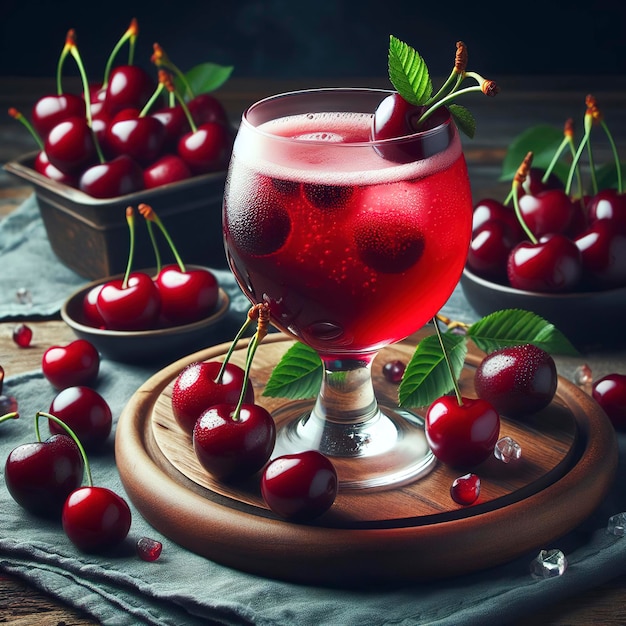 Вишневый сок в стеклянных бокалах со свежими вишневыми ягодами