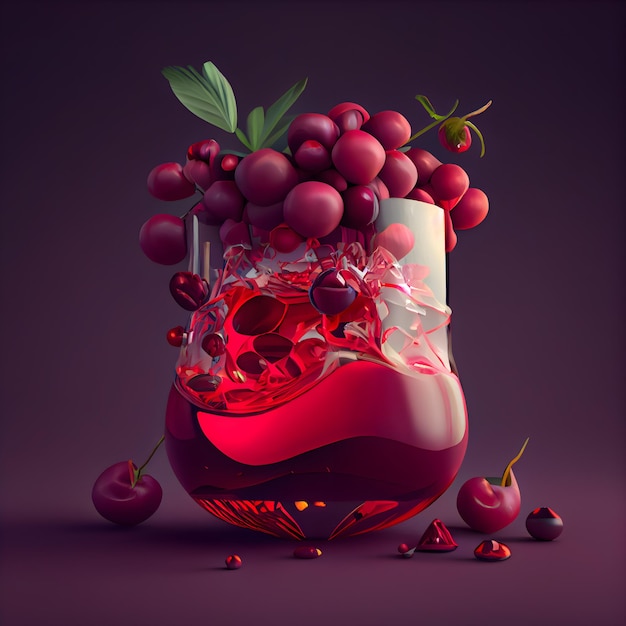 Cherry juice in a glass with cherries 3d illustration