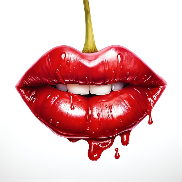 Cherry lips Painted illustration of juicy red lips with red lipstick in shape of cherry berry Red lips and white teeth opened mouth on white background Cherry lips illustration AI generated