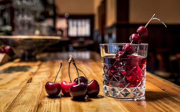 Photo cherry liqueur and juicy ripe cherries on the table in the bar an elegant serving of sweet drink in the restaurant a traditional drink