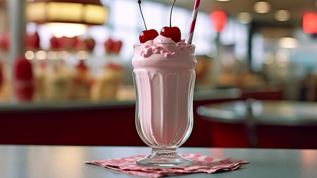 Photo cherry milkshake in a classic american diner food photography concept generative ai