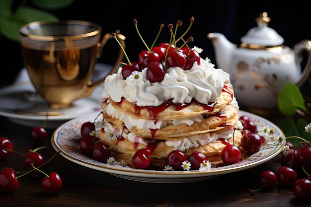 Cherry pancakes with whipped cream and coffee generative IA