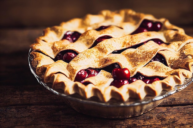 Cherry pie covered with berry jam and dough grate on top