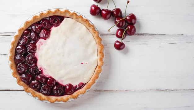 Cherry pie on a white wooden background with place for text Tart with a cherry View from above