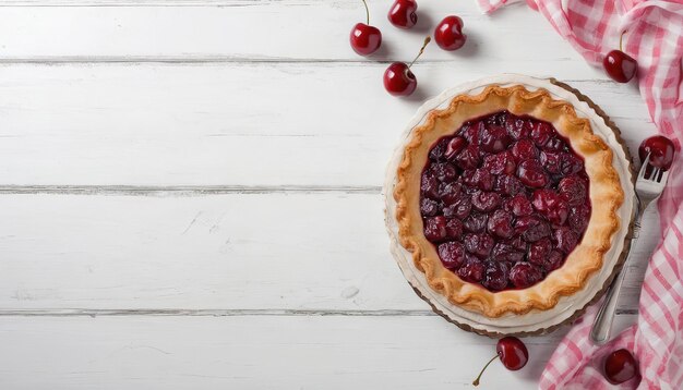 Cherry pie on a white wooden background with place for text Tart with a cherry View from above