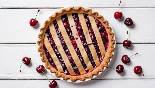 Cherry pie on a white wooden background with place for text Tart with a cherry View from above