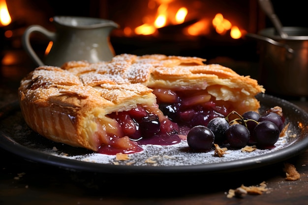 Cherry pie with berries on a wooden background